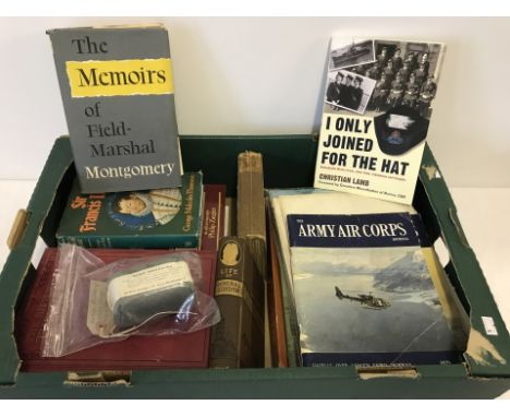 A box of assorted military related books and other items. To include "Arnhem" Historical Simulation Game, Army Air Corps jour