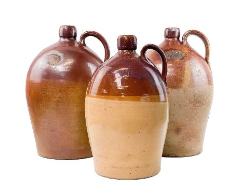 Three 19th century saltglazed flagons. One impressed H. Lock Wyndham Hotel Williton, height 39cm, the others impressed for H.