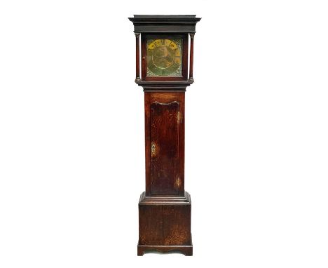 A George III oak thirty-hour longcase clock by Thos Noon, Ashby. With a 28cm square brass dial, flanked by plain turned colum