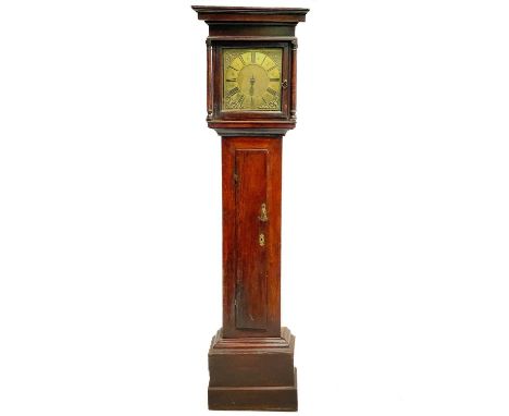 An 18th century oak longcase thirty hour clock. Square 27.5cm brass dial single hand Roman numeral brass chapter ring, height