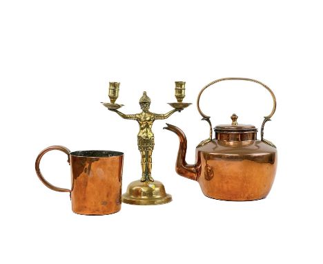A Victorian copper quart grog or rum measure. Height 14cm, together with a copper kettle and cover, and a figural brass twin 