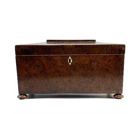 A Regency burr yew tea caddy. Of sarcophagus form, with crossbanded edges, internally with two lidded compartments and a cut 