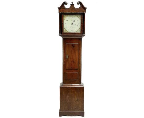 A late George III oak thirty-hour longcase clock. With 30cm square painted dial, height 207cm.