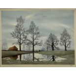 Tristram Hillier, signed print, dated 1949, 'Flooded Meadow'