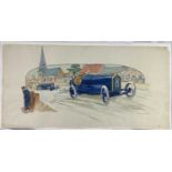 Marguerite Gamy (1883-1936) coloured lithograph - G.P de France 1913, Baillot devant Goux, 45cm x 90