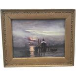 W S Pierpoint (1876-1960) oil on canvas - moonlit shipping scene, signed, 21cm x 29cm, framed