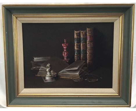 Peter F. Fuller, oil on canvas - Still life of books, spectacles, chess pieces and a playing card, signed, 29cm x 39cm, frame