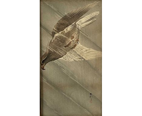 Ohara Koson Japanese hand coloured woodblock print - Eagle in descent, signed Koson with seal, 34cm x 18cm, ref K13.5 in Crow