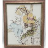 Bernard Dufour (1922-2016) mixed media on canvas board - Two girls in hats, signed, 45cm x 37cm, fra