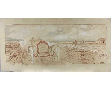 Ernest Montaut (1878-1909) coloured print heightened with white - 'Moscou - St Petersbourg - 1907', 43cm x 88cm, unframed