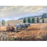 Busky Laurie (1928-2020) oil on canvas - 'Cutting the Oats, Weylands Farm', titled verso, signed, fr