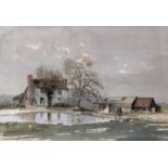 Frank Alwin, contemporary, watercolour, farmhouse with pond and depicting two figures with dog retur