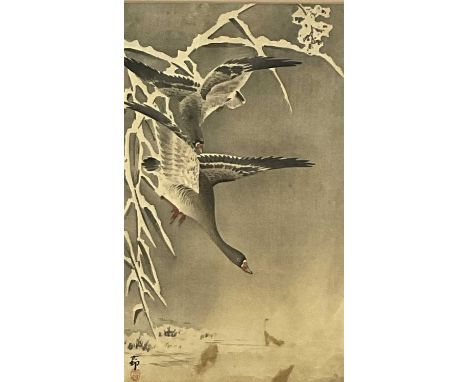 Ohara Koson Japanese woodblock print - Geese in Snow, signed Koson with seal, 31cm x 18cm, ref K11011 in Crows, Cranes and Ca