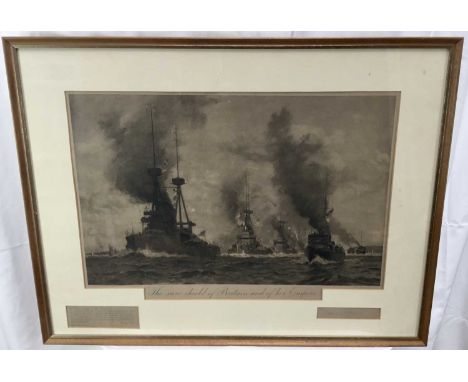 Norman Wilkinson (1878-1971) pencil signed engraving of battleships, titled 'The sure shield of Britain and of her Empire', 3