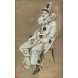 English School, contemporary, pencil and gouache - Portrait of Pierrot, indistinctly signed, 53cm x