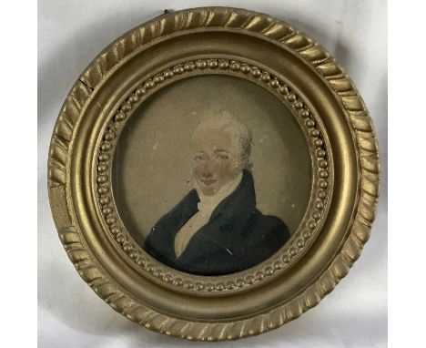 Watercolour portrait miniature on paper, Circa 1825, 9.5cm x 9.5cm, in gilt frame