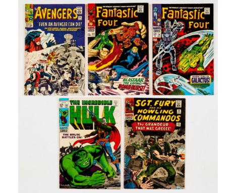 Avengers 14 (1965), Fantastic Four (1967-68) 63, 74, Hulk 112 (1969), Sgt. Fury 33 (1966). Some light moisture stain to page 