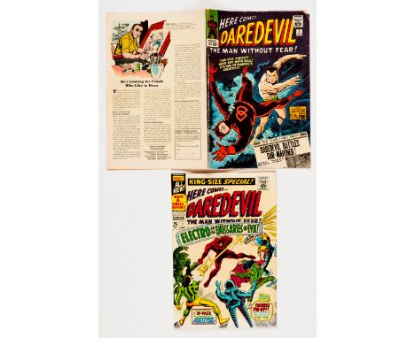 Daredevil 7 (1965). Cents copy, cream/light tan pages, top cover corner piece missing [vg]. With Daredevil King-Size Special 
