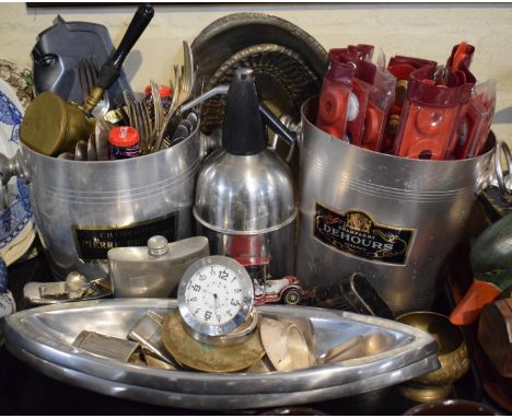 A Tray of Sundries to Include Two Champagne Buckets for Dehours, Collection Champagne Tops, Soda Siphon, Cutlery, Hip Flask, 