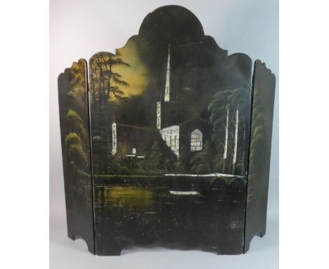 A Late 19th Century Lacquered Three Section Firescreen with Hand Painted Church Decoration 