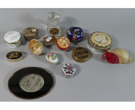 A Collection of Various Enamel and Other Stud and Pill Boxes, Enamelled Box, Shell Pin Cushion etc 