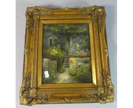 A Gilt Framed Textured Print Depicting Cottage Steps in Garden, 23cm High 