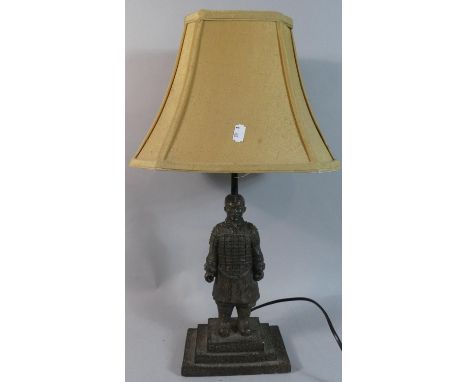 A Novelty Cast Metal Table Lamp in the Form of a Terracotta Warrior, Complete with Shade 