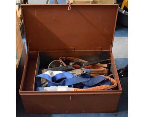 A Painted Wooden Toolbox Containing Various Tools 