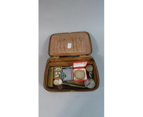 A Vintage Travelling Jewellery Case Containing Curios to Include Compass, Cigarette Lighters, Enamelled Badges, Pill Box etc 