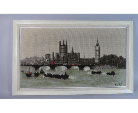 A Framed Tapestry Depicting Westminster Bridge and Houses of Parliament, 70cm Wide 