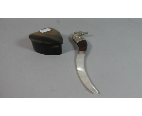 A Horn Heart Shaped Dressing Table Jewellery Box Together with a Mother of Pearl Handled Letter Opener in the Form of a Seaho