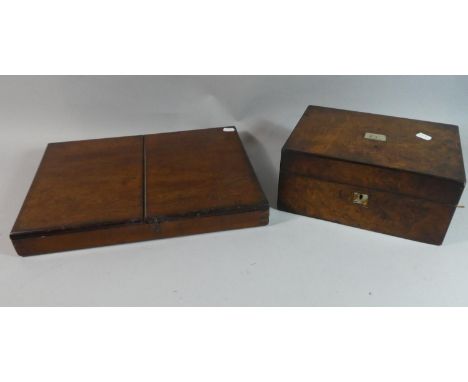 A 19th Century Burr Walnut Work Box with Mother of Pearl Escutcheon Together with a Mahogany Box 