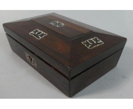 A Small Late 19th Century Rosewood Box of Sarcophagus Form with Mother of Pearl Inlay to Hinged Lid, 15.5cm Wide 