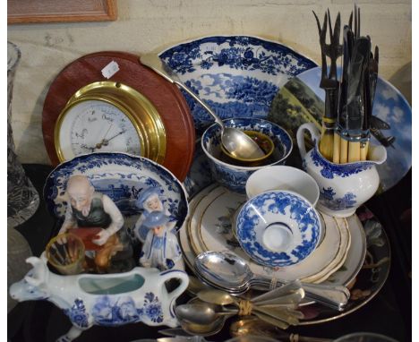 A Tray of Ceramics and Metalwares to Include Blue and White Meat Plate, Bone Handled Cutlery, Wall Barometer etc 
