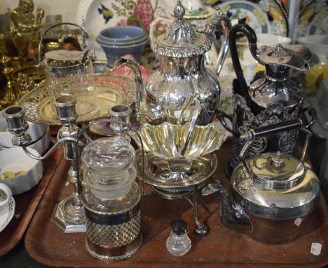 A Tray of Silver Plated Metalwares Coffee Pot, Pierced Tazza, Pierced Bottle Holder Coaster, Three Branch Candelabra, Teapot 