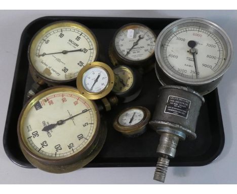 A Collection of Six Vintage Pressure Gauges and a Revo Meter 