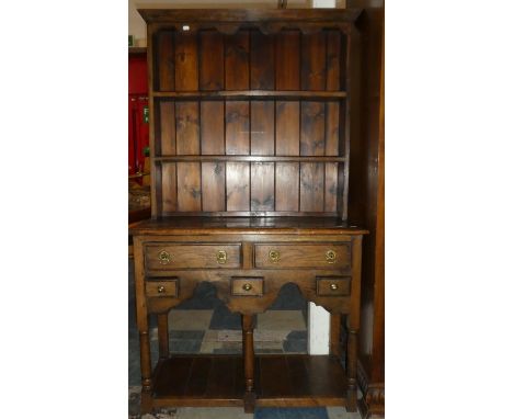 A Reproduction Oak Miniature Dresser with Five Drawers and Pot Board Stretcher, Two Shelf Plate Rack, 91cm Wide 