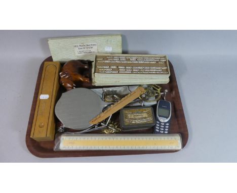 A Tray of Sundries to Include Scale Rulers, Vintage "Push in" Price Tickets in Original Cardboard Boxes, Dressing Table Mirro