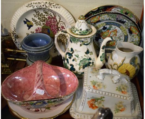 A Tray of Ceramics to Include Masons Chartreuse Coffee Pot, Late 19th Century Cheese Dish and Cover, Irish Porcelain Vase, Ma