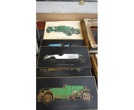 A Collection of Four Vintage Car Relief Plaques and Eight Coloured Supercards Depicting Racing Cars and Locomotives 