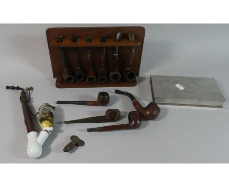 A Box of Smoking Ephemera to Include Pipe Rack and 12 Briar and Porcelain Pipes, Swedish Stainless Steel Cigarette Box etc 