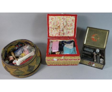 A Collection of Various Cottons, Threads, Sewing Accessories, Sewing Boxes and a Vintage Tin 