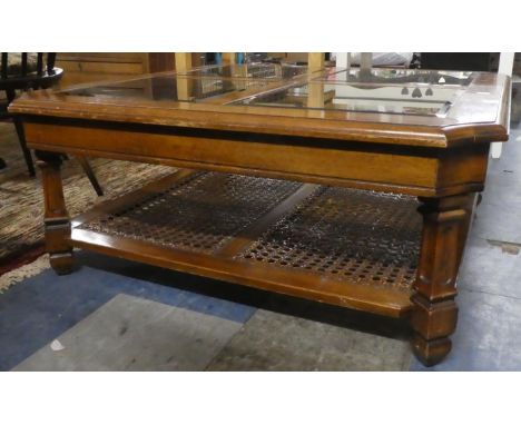 A Two Tier Square Topped Coffee Table, Cane Stretcher Shelf, 97cm Square 