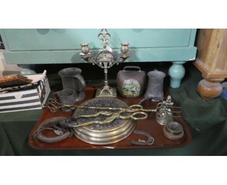 A Tray of Metalwares to Include Pewter Tankards, Measure, Brass Aesthetic Style Two Branch Candelabra, Swiss Cow Bell, Circul