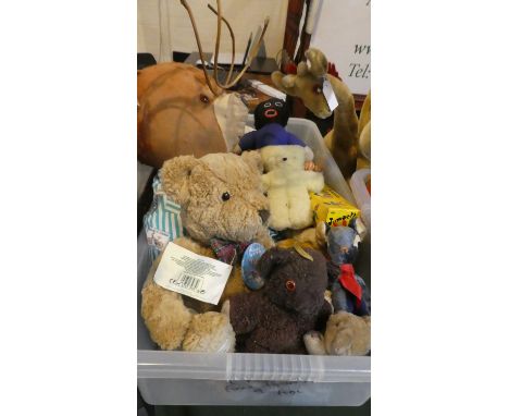 A Box Containing Various Soft Toys, Teddy Bears, Pelham Puppet, Golliwog, Vintage Doll etc 