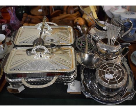 A Tray of Metalwares to Include Silver Plated Serving Dishes, Three Piece Tea Set, Pierced Lidded Tray, Cutlery etc 