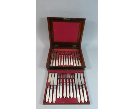 A Late 19th Century Cased Fruit Set of Twelve Knives and Forks with Mother of Pearl Handles, 29cm Wide 