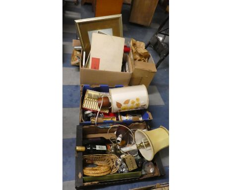 Four Boxes Containing Pictures and Prints, Silver Plated and Bone Handled Cutlery, Two Bottles of Wine, Mantle Clock, Onyx Ta