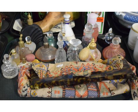 A Tray of Vintage Perfume Atomisers, Vintage Tapestry Bag etc 