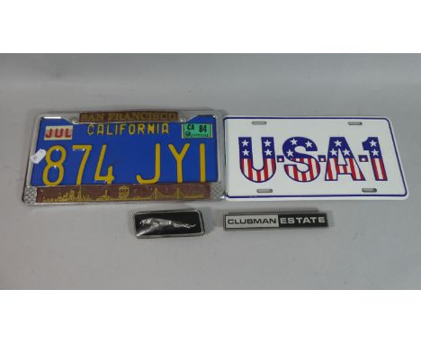 A Vintage Clubman Estate Car Badge, Jaguar Badge and Two Reproduction American Pressed Metal Number Plates 